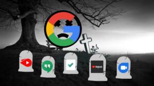 black and white background silent scenery with tree and wooden seating used for showing Google logo and some of its apps, it represents cemetery of dead Google Apps and projects