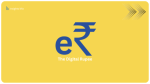 How eRupee work. logo of Indian e rupee which is a digital rupee with yellow shade in background